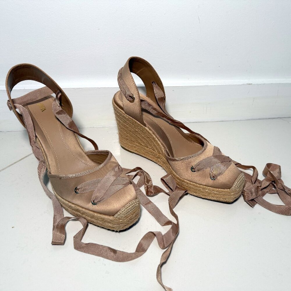 ZARA Nude Satin Ribbon Espadrille Wedge Sandals – Size EU 41 = US Women’s 10